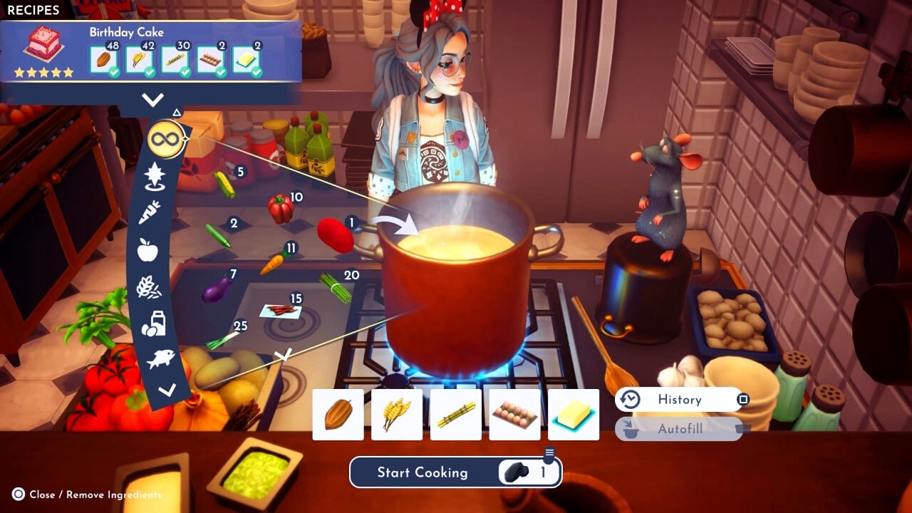 player making birthday cake at a cooking station in dreamlight valley