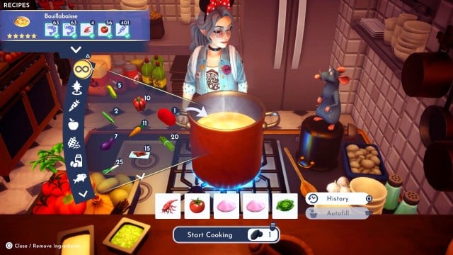 player making a meal at the cooking station in disney dreamlight valley