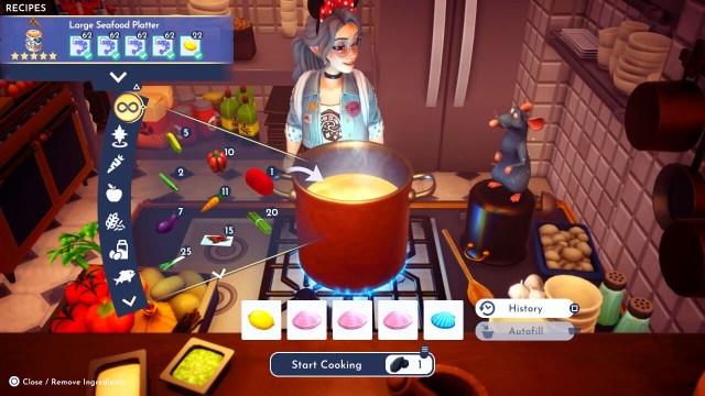 player making a large seafood platter at a cooking station in dreamlight valley