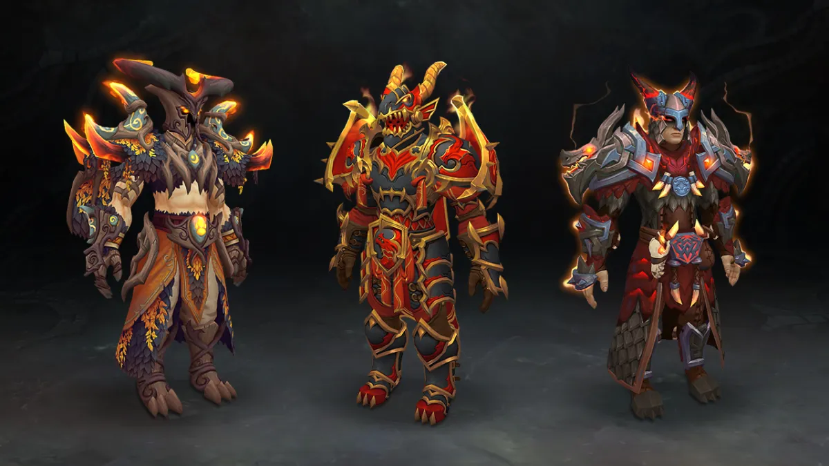 Characters in WoW Dragonflight wearing tier gear