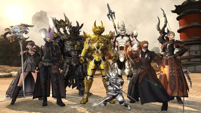 FFXIV characters pose with their weapons.