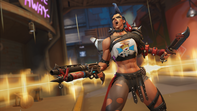 Overwatch 2 hero Junker Queen seemingly letting out a battle cry.