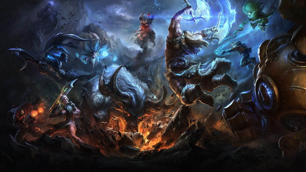 Various League of Legends oppose one another on Summoner's Rift.