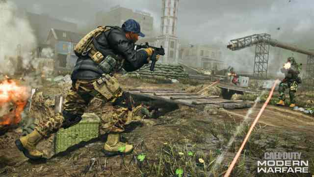 Call of Duty: Modern Warfare  promo image with two men shooting at each other in a destroyed warzone