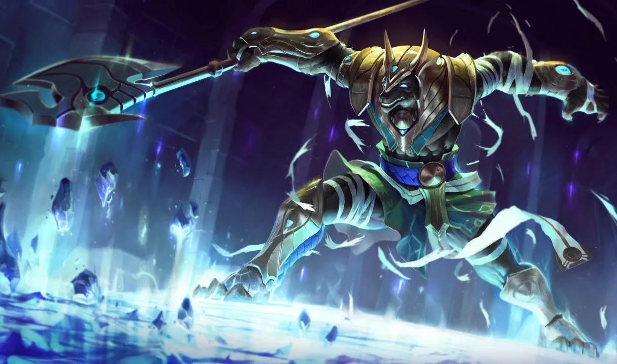 Nasus powers up in a great blue circle in League of Legends