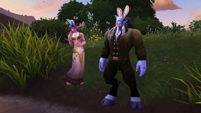 Two Draenei characters celebrate the Noblegarden holiday in World of Warcraft