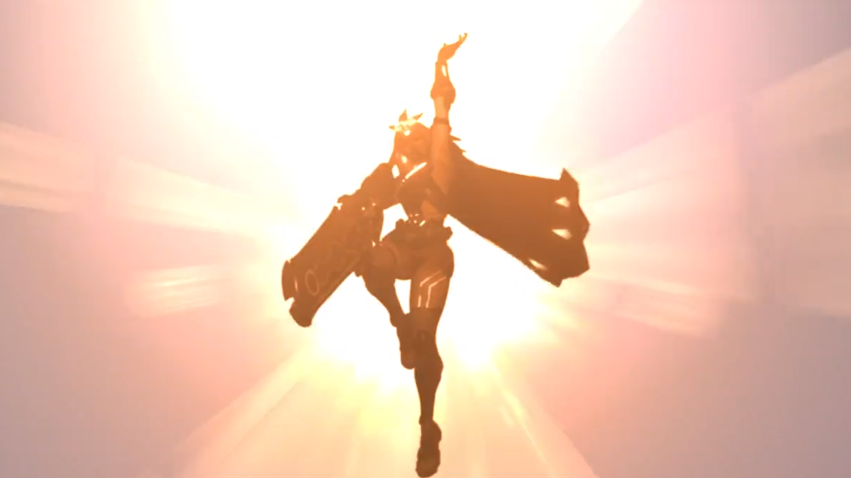 The silhouette of the game's new Peruvian hero flies into the sun. The hero has a feathered headpiece, cape, and large blade akin to one from the ancient Inca Empire.