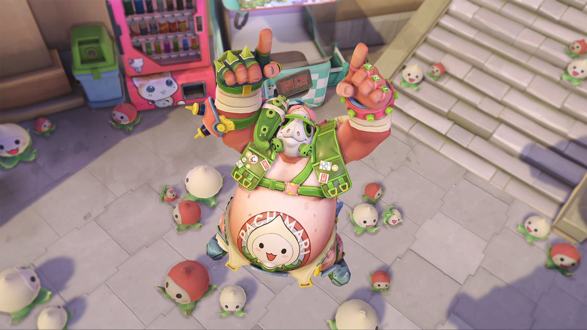 Roadhog from Overwatch 2 jumping in the air and celebrating with an assortment of pachimari surrounding the character.