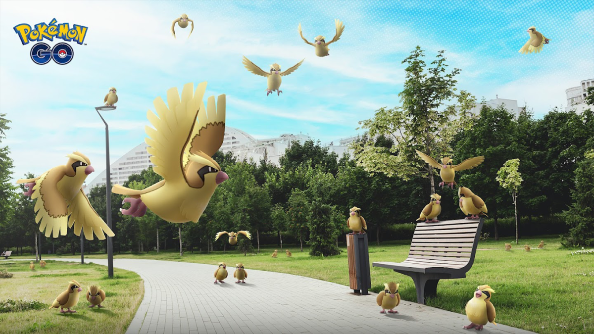 Pidgey fly around a park in Pokemon Go promo art