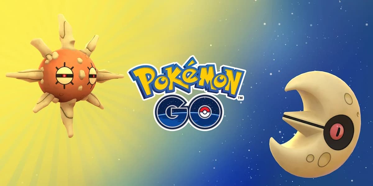 Solrock and Lunatone floating in a promot for Pokemon Go's Solstice-themed events.