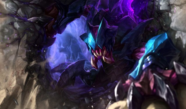 The splash art for Rek'Sai, a burrowing Void champion with no eyes yet large fangs, claws, and a sinister blue/purple body.