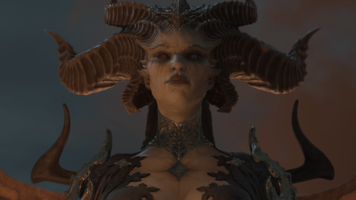 Diablo 4 Lilith looking sternly downwards. She appears as a four-horned woman wearing a collar necklace.