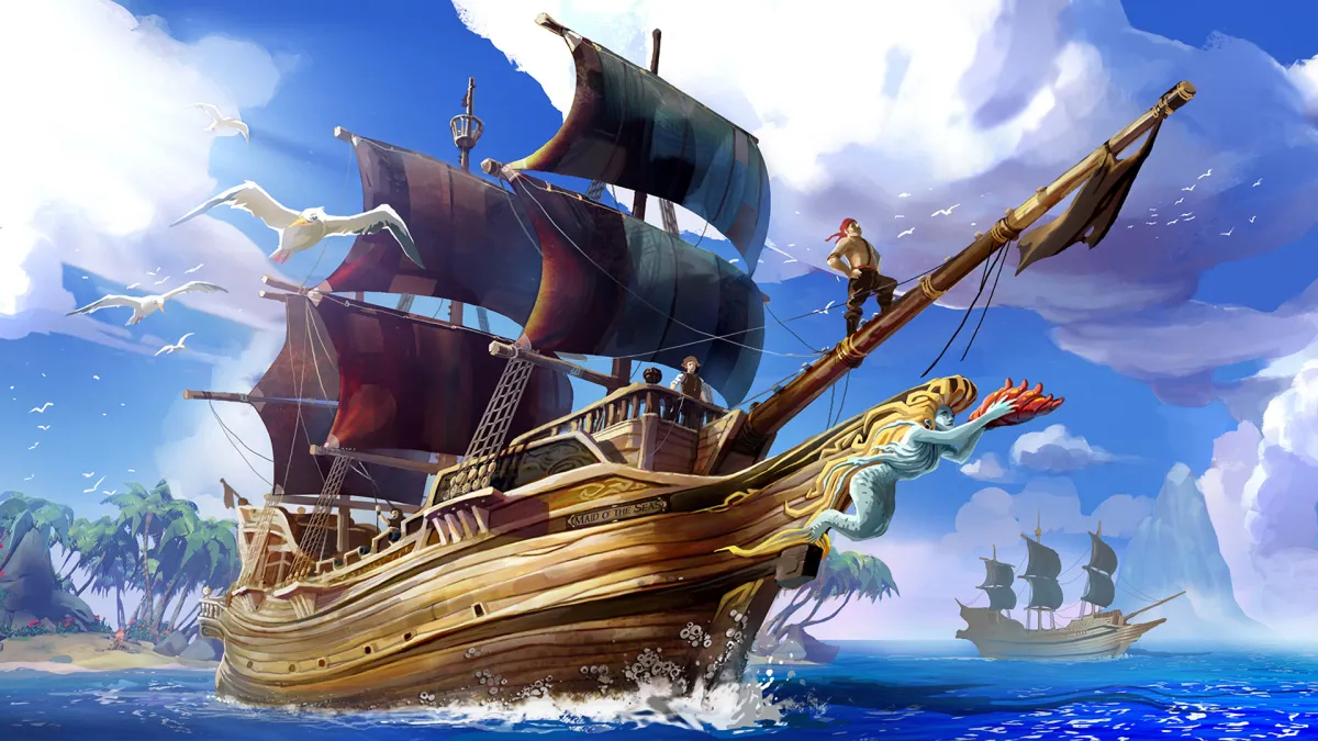 Concept art for Sea of Thieves showing a pirate ship leaving an island.