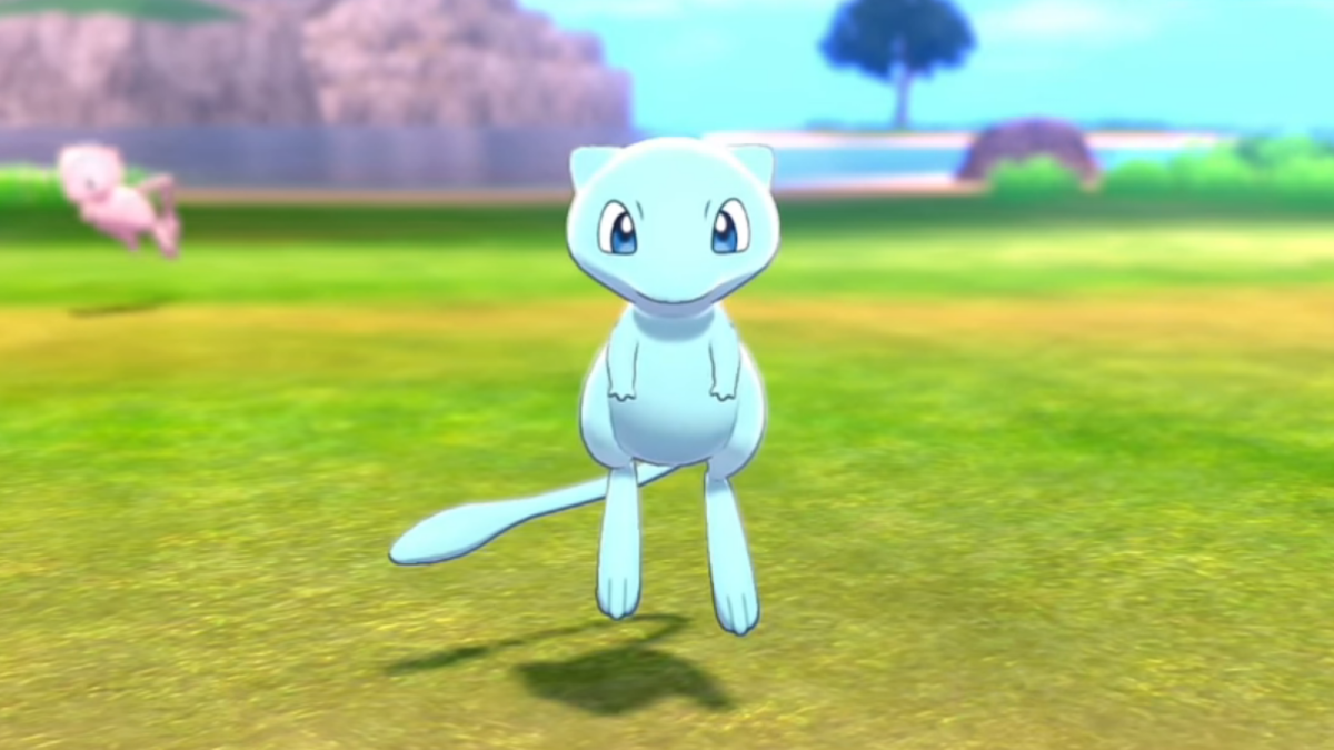 A Shiny blue Mew floating in a field in Pokémon.