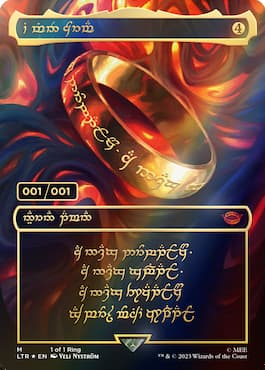 Serialized one-of-one MTG The One Ring card in LTR set. The infamous ring is shown on a tie-dye-like background of red, orange, green and blue colors.