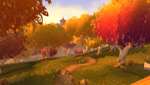 A WoW screenshot featuring a vast overlook in the Eversong Woods. Its signature orange and yellow trees can be seen in the distance.