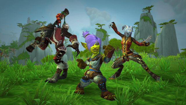 Worgen, Goblin, and Draenei MOnks showing off their battle stance.