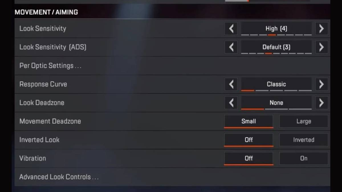 movement and aiming settings in-game screen for Apex