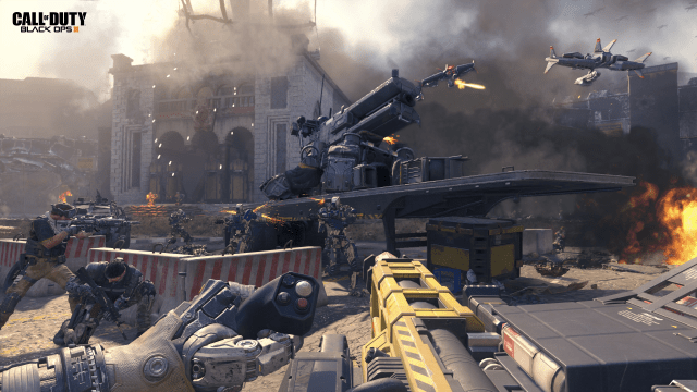 first person in-game view of Call of Duty: Black Ops III wielding a heavy weapon and joystick