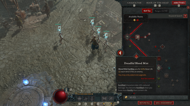 Diablo 4 player checking their Dreadful Blood Mist ability in the in-game ability menus.
