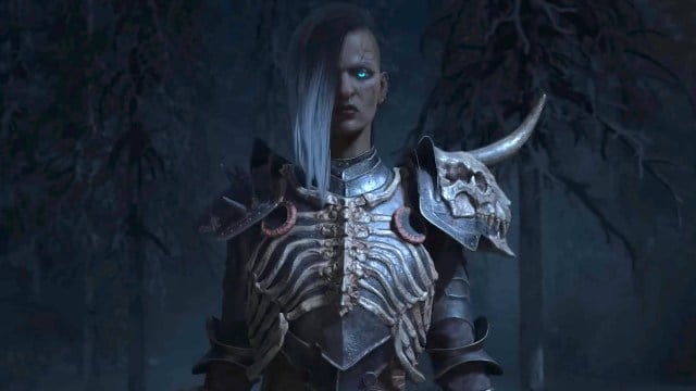 A Necromancer staring menacingly in full armor in Diablo 4.