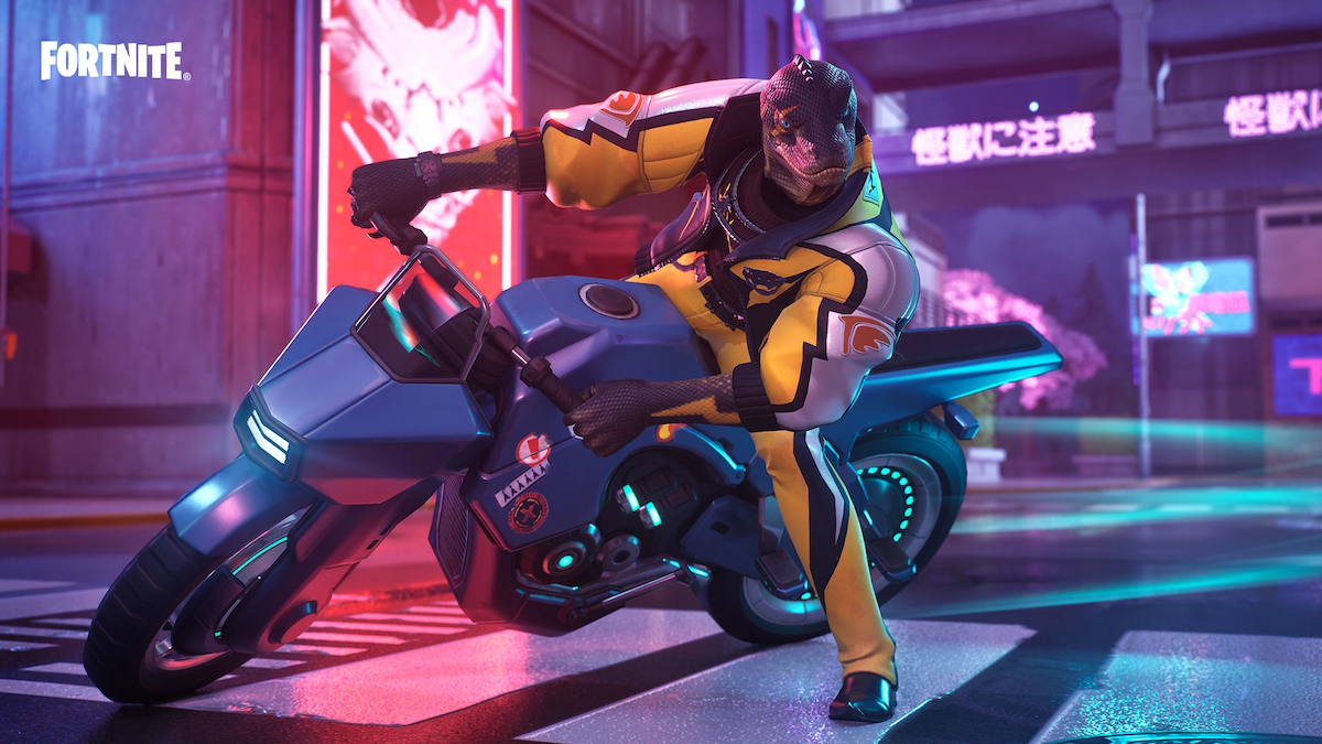 A Fortnite character riding a motorcycle.