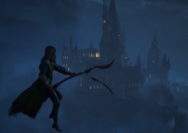 Flying on a broom at night in front of a castle.
