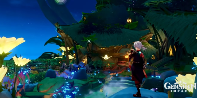 Screenshot showing a Genshin character wandering in a Serenitea Pot outdoor design by night.
