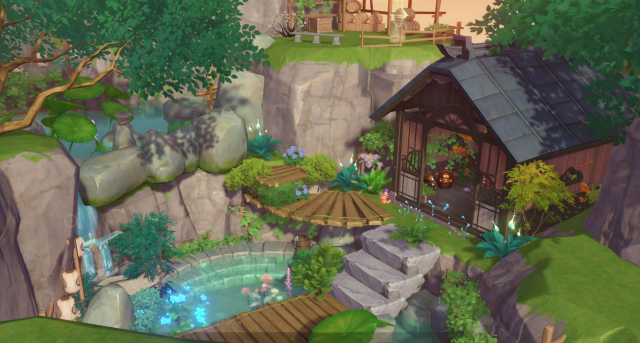 Serenitea Pot screenshot showing a house near a pond by day.