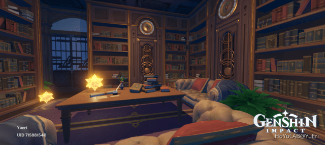 Screenshot showing library by night in Genshin Impact.