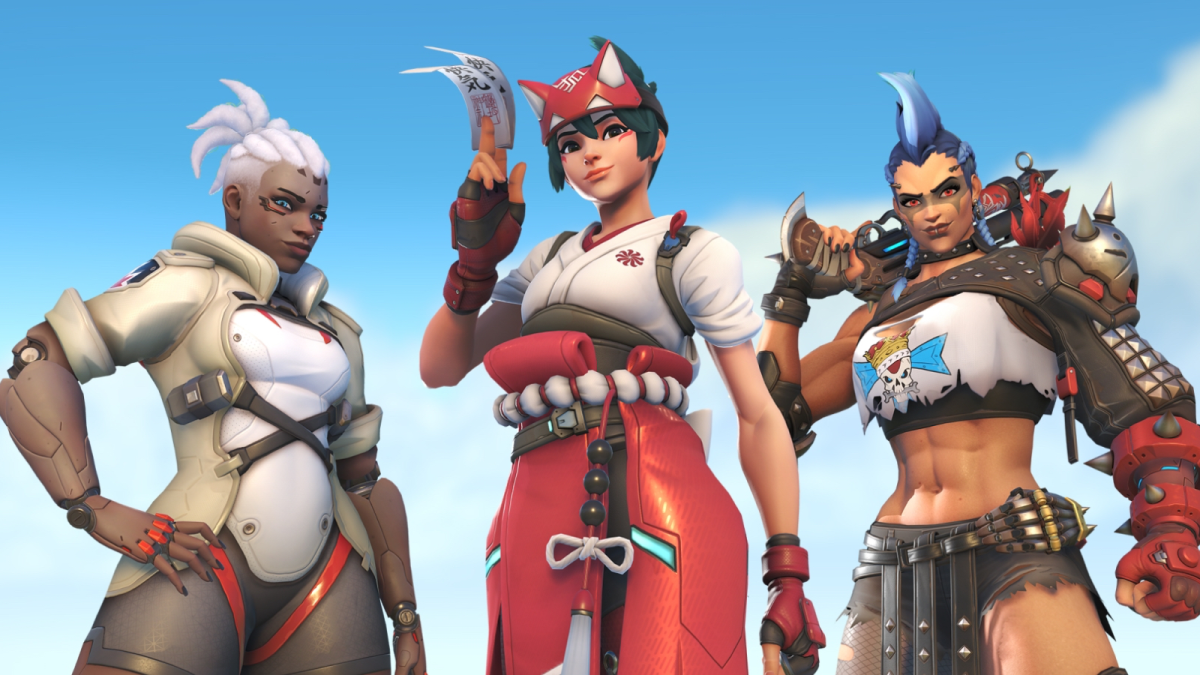(left to right) Sojourn, Kiriko, and Junker Queen as they appear in Overwatch 2.
