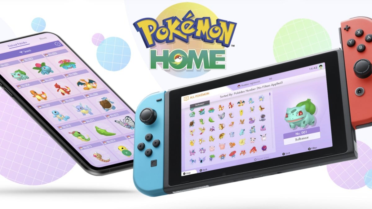 A Nintendo Switch and a cell phone are displaying the Pokémon Home screen with various Pokémon within it.