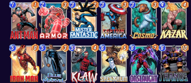 A deck in Marvel Snap consisting of Ant-Man, Armor, Mister Fantastic, Captain America, Cosmo, Ka-Zar, Iron Man, Blue Marvel, Klaw, Spectrum, Onslaught, and Thanos.