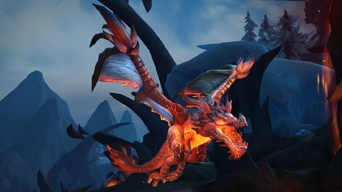 A dragon flying in World of Warcraft Dragonflight.