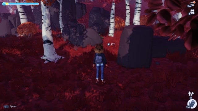 The player looking at a pebble in the woods of the Frozen Realm. 