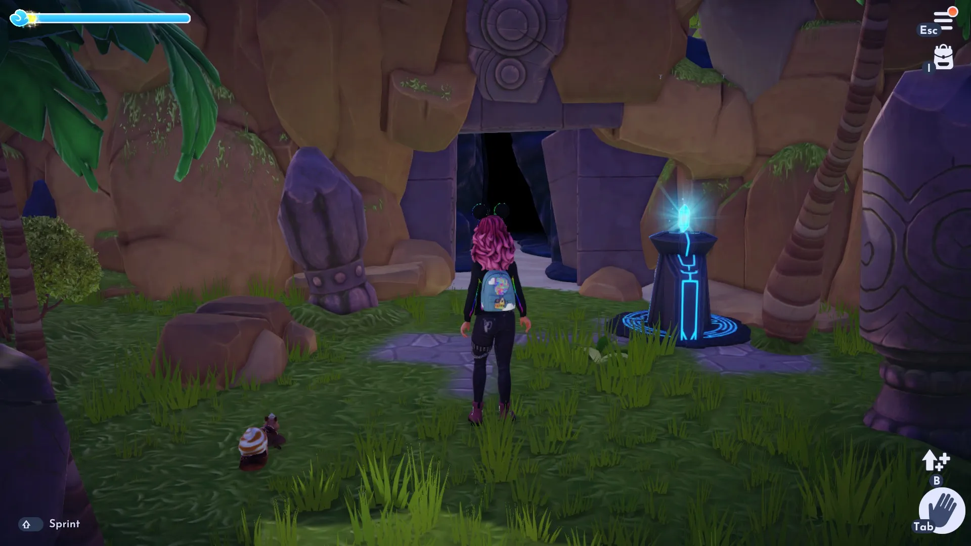 神秘的な洞窟の前に立っているプレイヤー。