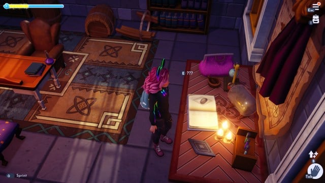 The player looking at a diamond in Merlin's house next to a book that has a potato in it. 
