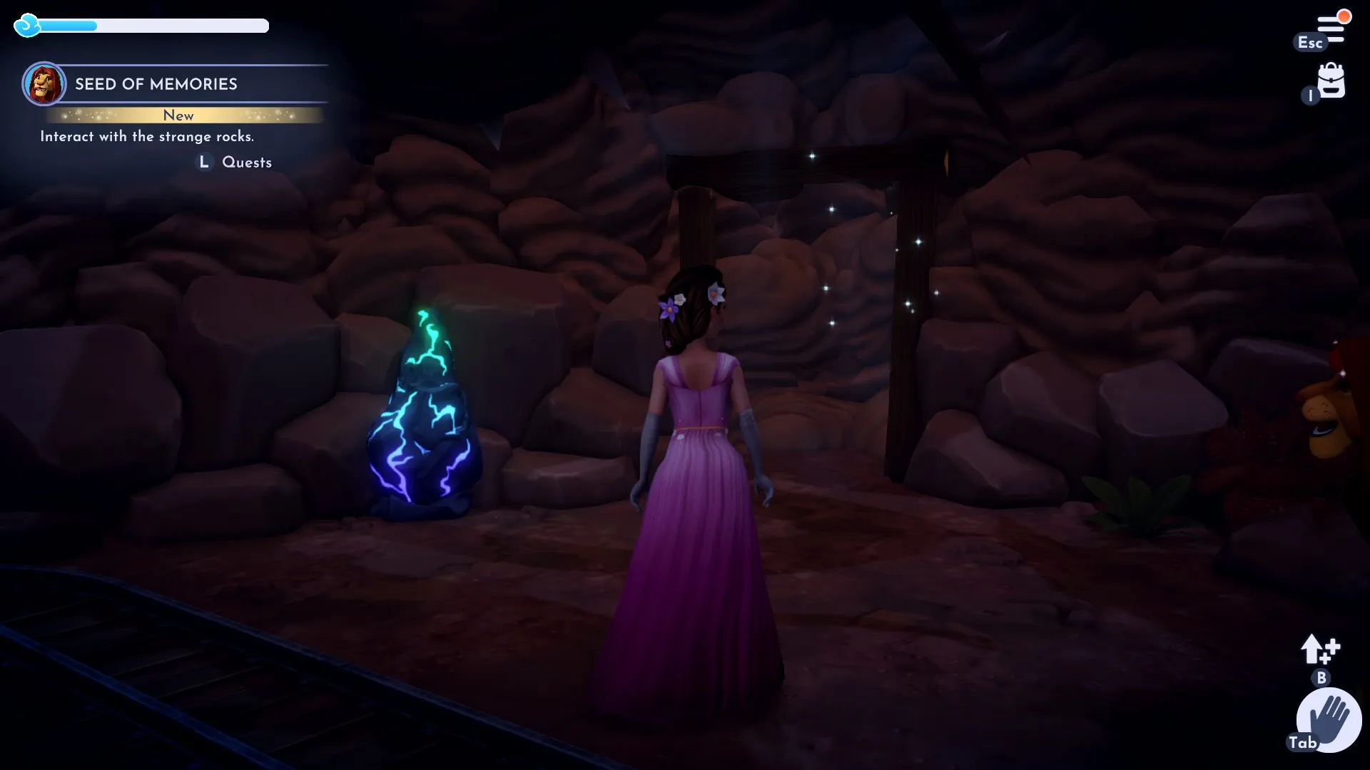 An image of a princess wearing a pink dress and looking at a Seed of Memory. It's glowing with a green and yellow light.
