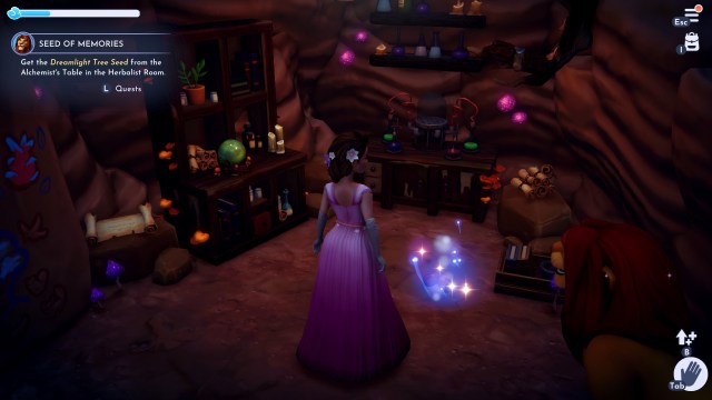 An image of a princess wearing a pink dress placing potions into a magical table.