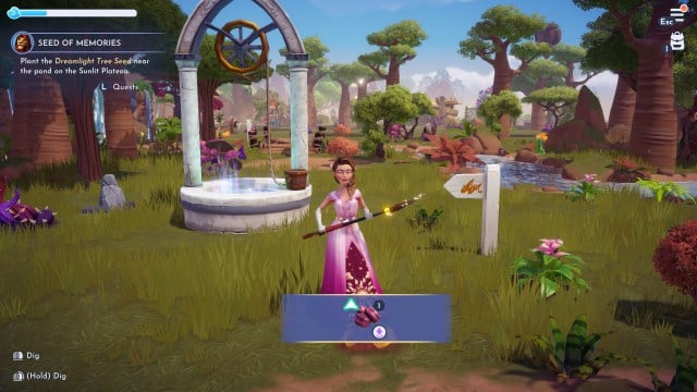 An image of a princess wearing a pink dress holding a Seed of Memory and getting ready to plant it.