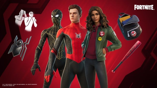 From left to right we have black suit Spidey, Tom holland maskless suit Spidey, and olive-green jacket MJ from No Way home with a backpack and baseball bat on the right.