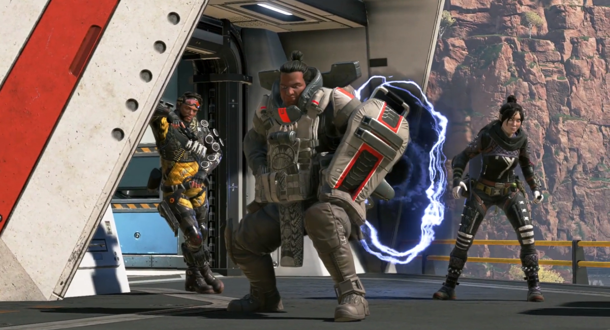A screengrab of Apex Legends characters, Mirage, Gibraltar, and Ash