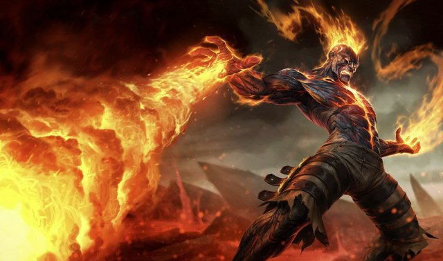 Brand casts a huge fireball that covers nearly the whole image in League of Legends