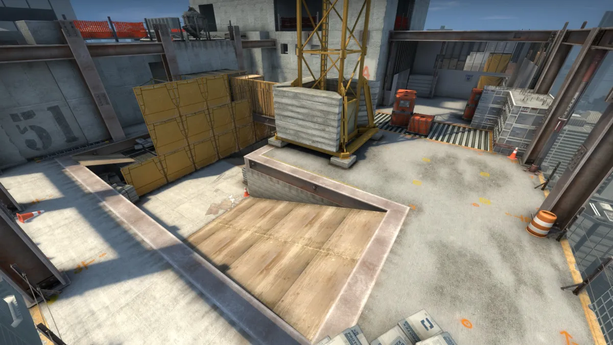 The roof of a highrise building with an overview of A on Vertigo in CSGO.