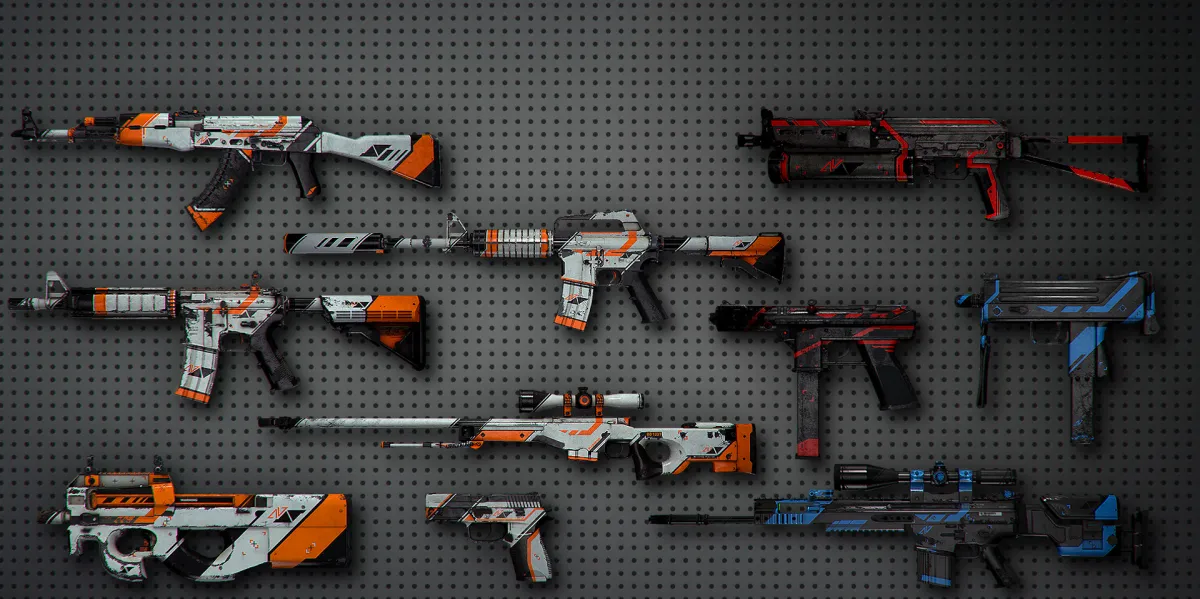 Multiple CS:GO skins displayed on a wall.