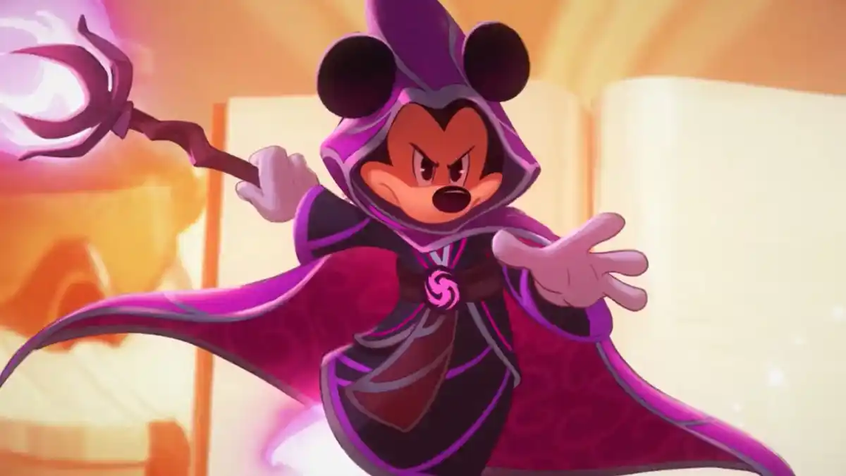 Mickey Mouse as a wizard, with a purple cap and a staff.