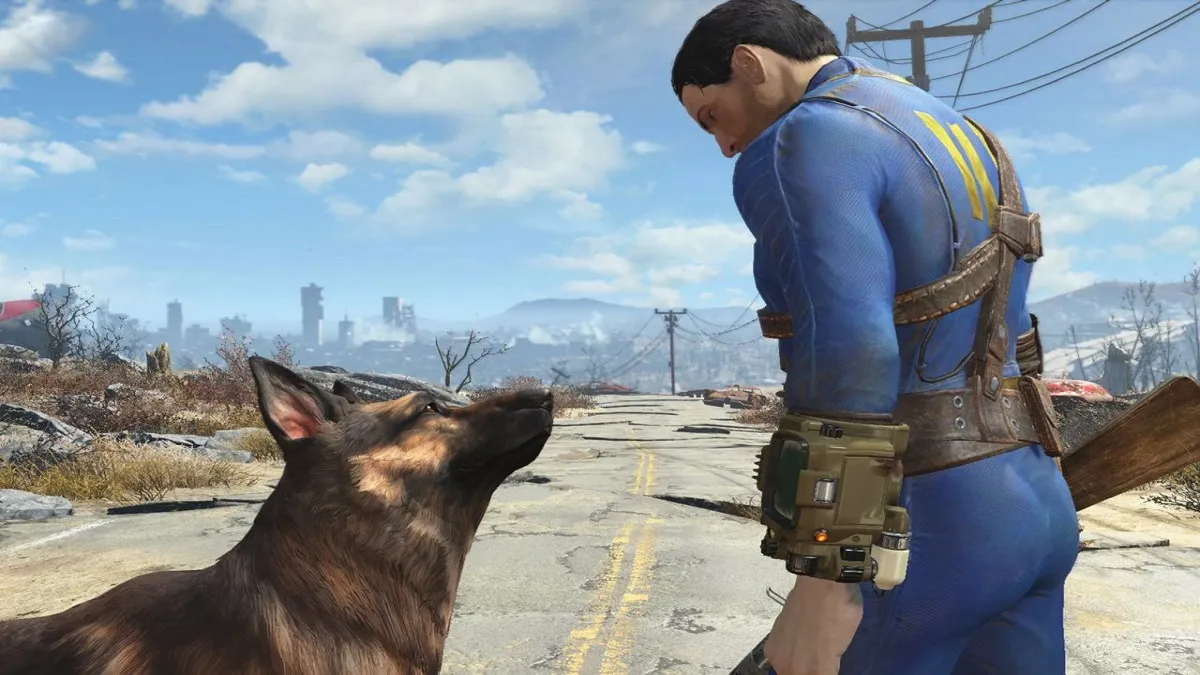 A man and a dog from Fallout 4.