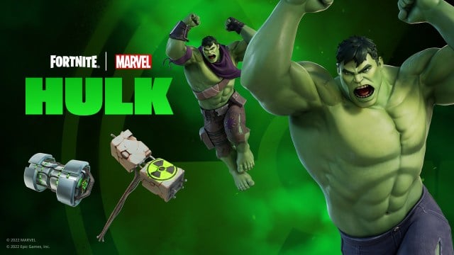 Hulk is shown on the right shirtless and center back with a bandana around his neck as well as his items and pickaxe on the bottom left.