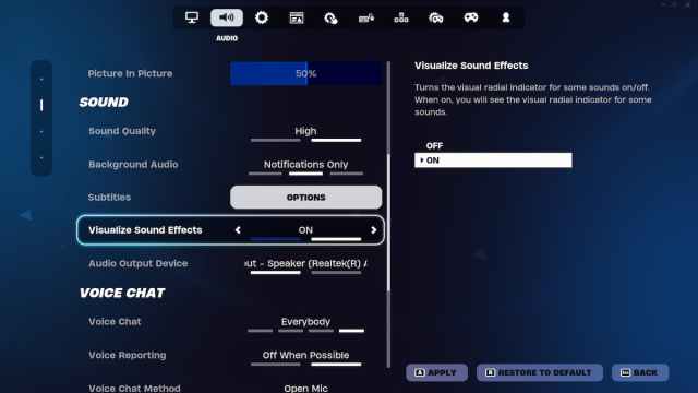 Visualize Sound Effects in Fortnite's Audio settings
