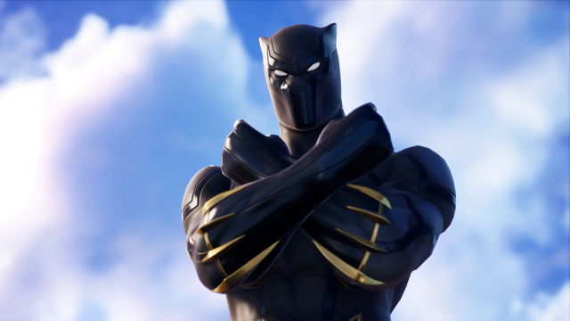 Black Panther viewed from his torso up is showcased in the center crossing his arms with clouds in the background.
